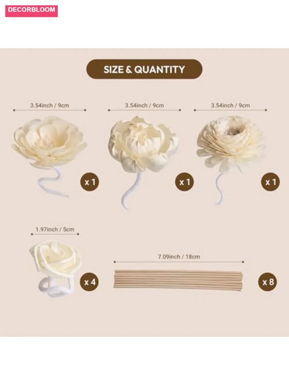 Handmade Sola Wood Reed Diffuser Sticks Set - 7 Pcs White Flowers for Home